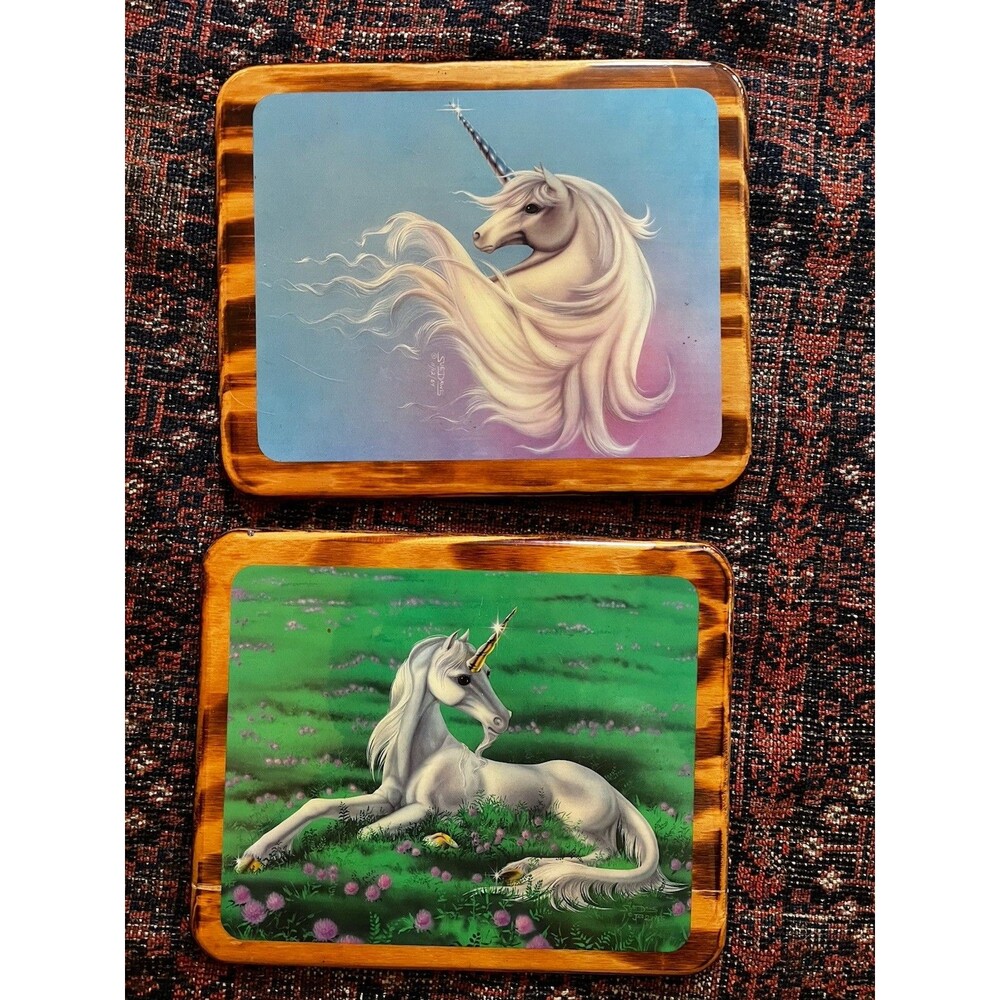 Set 2 Vintage 1980s Sue Dawes Unicorn Lacquered Wood Wall Plaque 10x12 Fairycore